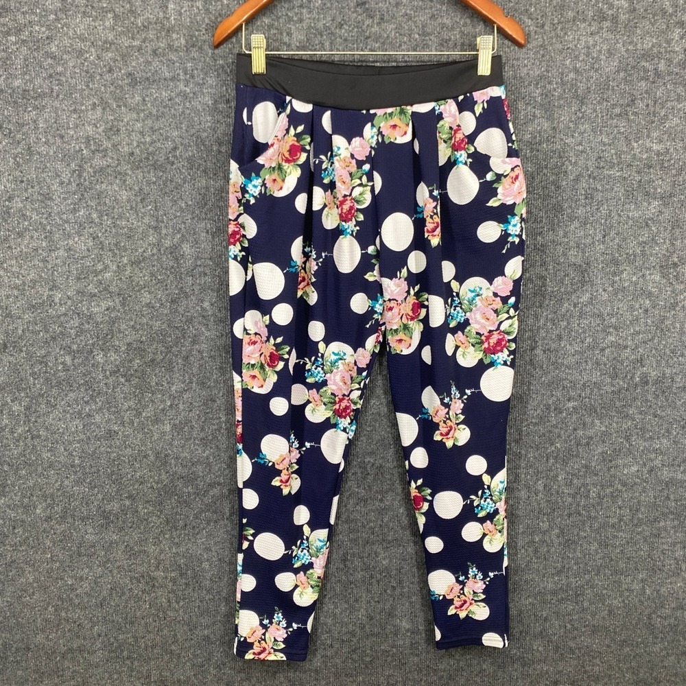 Navy Floral Polka Dot Tapered Pants High Waist Pleated
